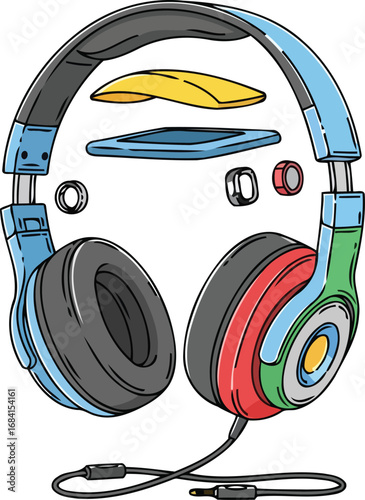 colorful headphones disassembled parts and pieces, vivid illustration