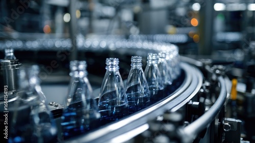 Clear plastic bottles on a conveyor belt in a bottling plant