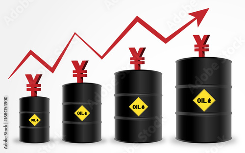 Crude oil price increasing abstract illustration with yen sign, Rising oil prices concept stock image with yen sign	