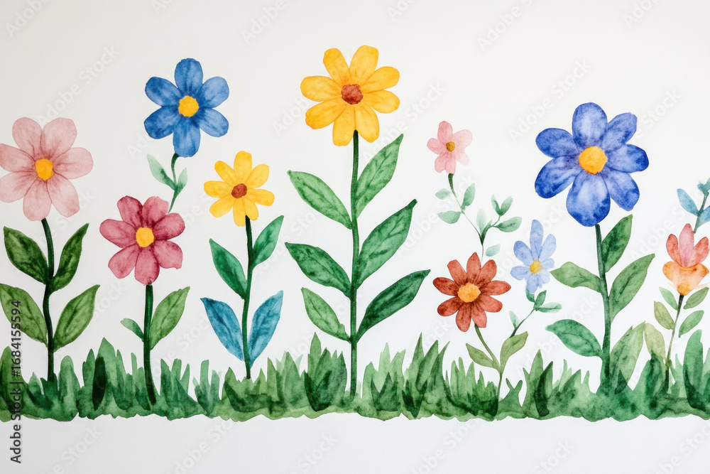 Obraz premium Watercolor illustration of colorful wildflowers arranged in a neat row with vibrant petals, green stems, and grasses, evoking a cheerful garden scene on a clean white background.