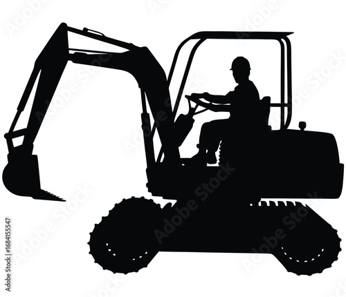 Silhouette of a bulldozer operator pausing to check equipment