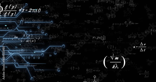 Displaying neon-blue circuit network intersecting math formulas on black background, copy space