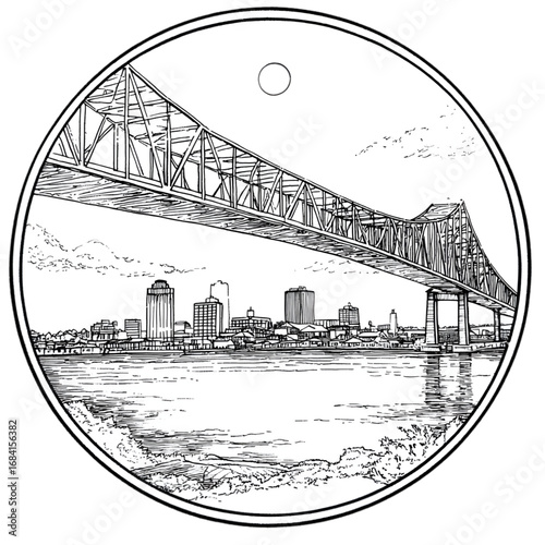 Detailed black and white line drawing of a city bridge and skyline.