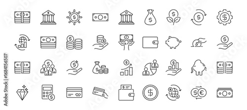 Financial Icon Set Containing bank, transaction, income, earning, money control and management vector icons