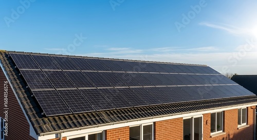 Wallpaper Mural Solar panels on the rooftop of a house against a clear blue sky, a sustainable energy resource. The house benefits from renewable energy Torontodigital.ca
