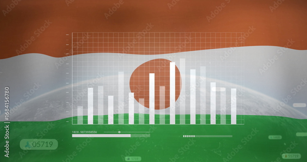 Fototapeta premium Displaying dashboard showing translucent bar chart, slider and counters over Niger flag and globe