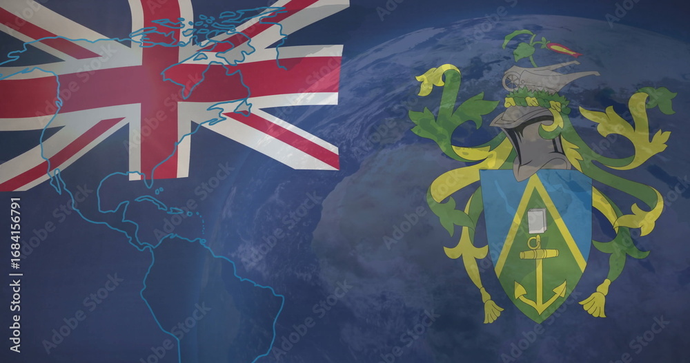 Fototapeta premium Displaying globe from space with Union Jack flag, neon-blue map outline, coat of arms, copy space