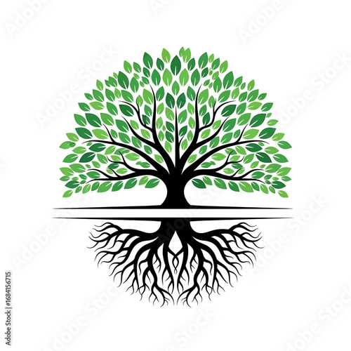 Green tree of life symmetrical symbol with roots and leaves nature concept high quality professional