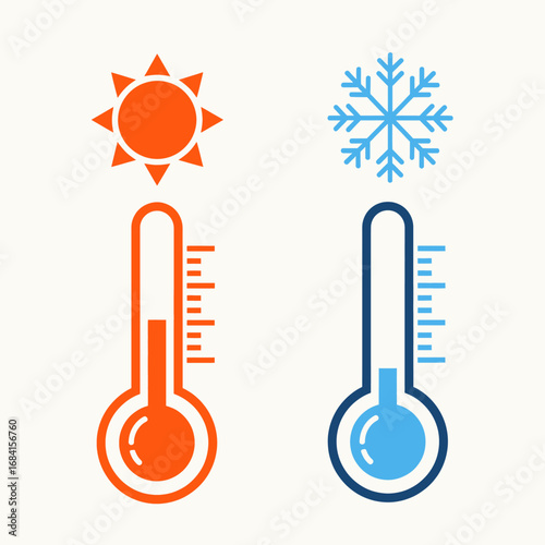 Hot and cold thermometers weather forecast simple vector sun and snowflake temperature change high quality professional