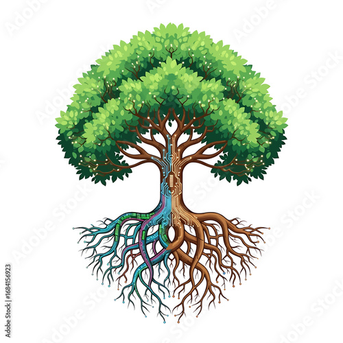 Majestic tree detailed artwork vibrant colors interconnected roots symbolic representation growth and nature