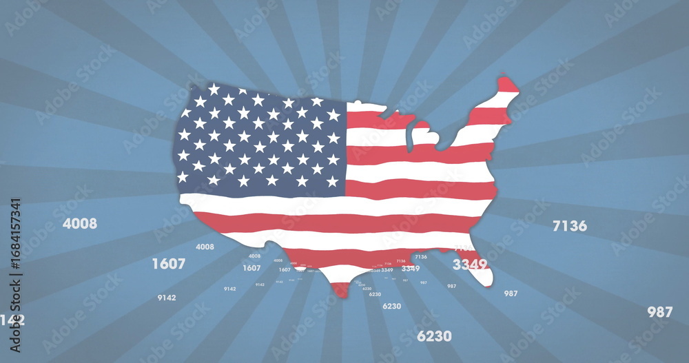 Fototapeta premium Displaying US silhouette filled with American flag pattern on blue radial layout, with data labels