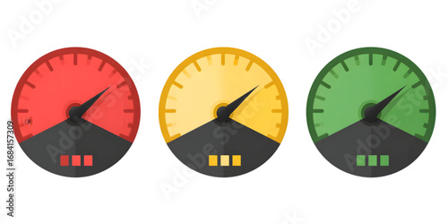 Set of three colored gauges showing performance levels.