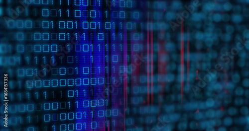 Streaming grid of glowing binary digits and colored streaks at computer screen, with code interface