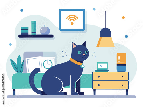 Playful black cat enjoys modern living room with smart devices and cozy furniture