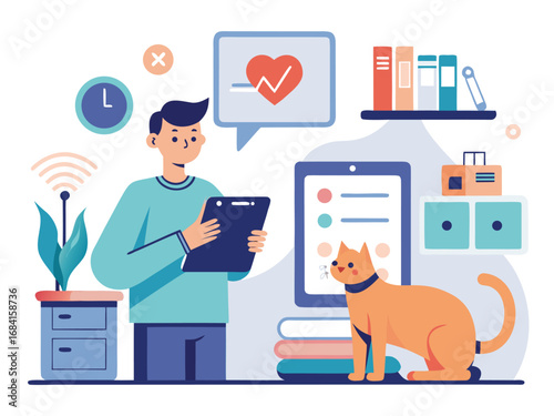Man with tablet monitors cat's health data on computer screen in modern home office