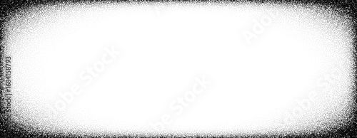 Black stippled vignette effect background. Round fading stipple gradient border wallpaper. Radial dotted grit frame backdrop for photo template, poster template, banner. Vector vanishing grain cadre