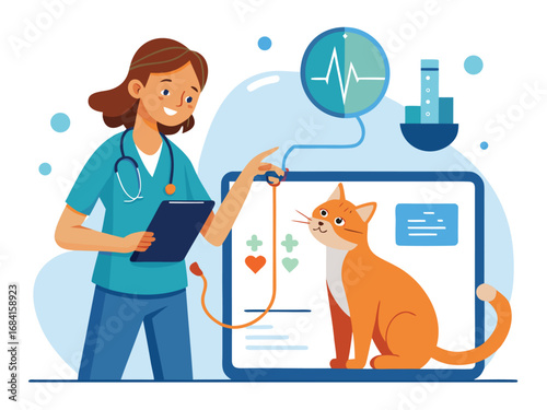 Veterinarian examining orange cat with digital technology medical health checkup