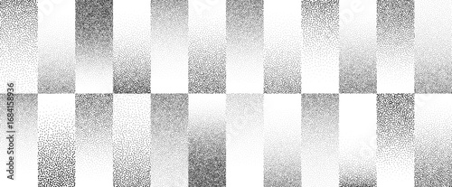 Stippled gradient stripes background. Fading sandy gradation lines wallpaper. Gritty dotted rectangle wallpaper for overlay, print, cover. Vector repeated dot work strip pattern backdrop