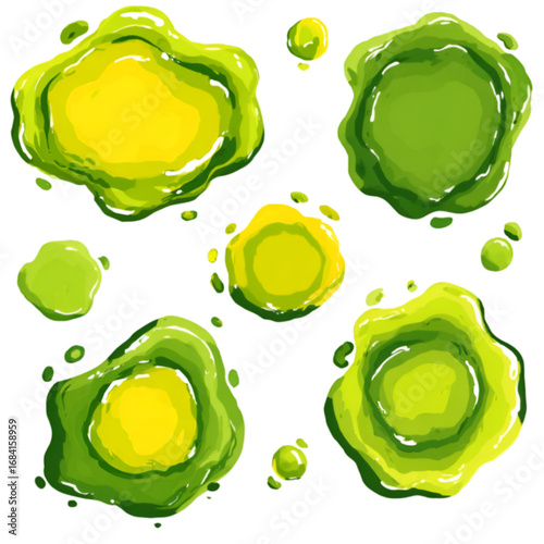 Set of glossy green and yellow slime splatters.