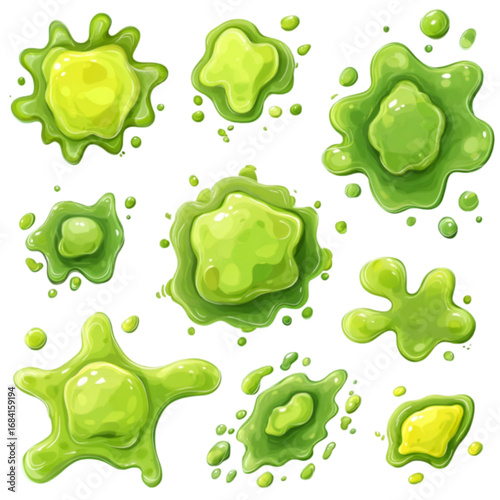 Set of Cartoon Green Slime Splashes and Goo Blobs.