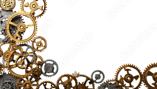 Complex gear system in gold and gray, corner composition