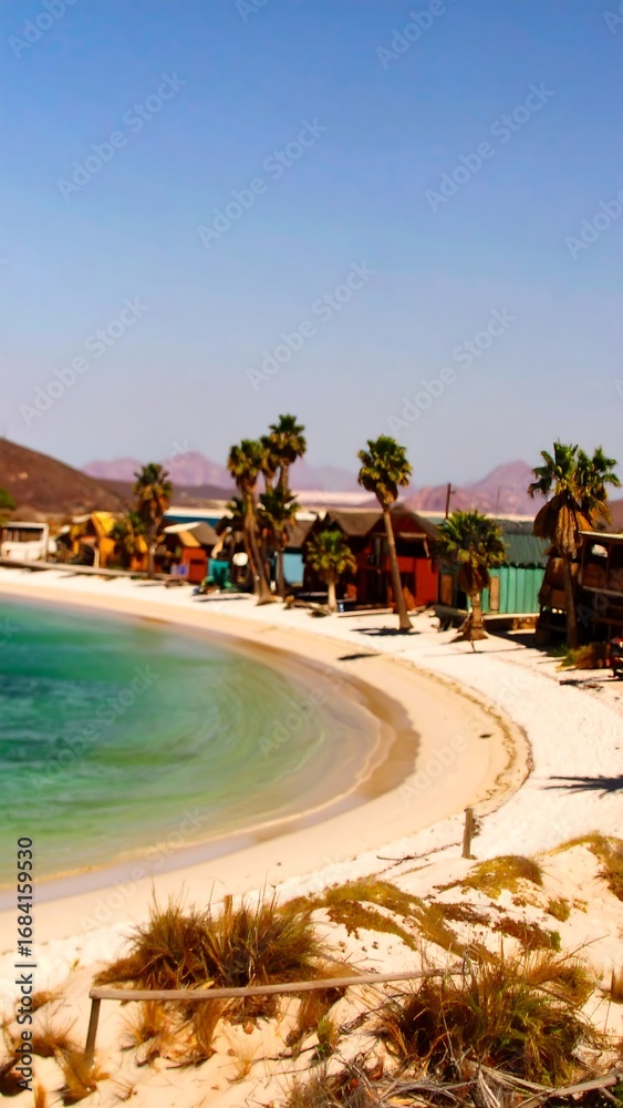 Fototapeta premium Tropical beach scene with colorful huts