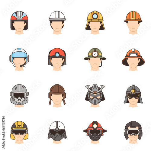 Collection of protective helmet headgear icons, 16 variations