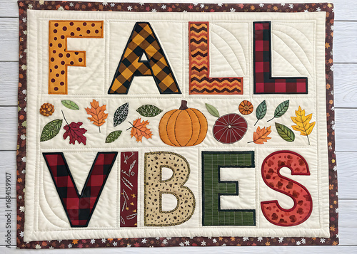 A fall vibes themed quilt with leaves and pumpkins in a colorful and festive design