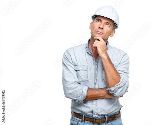 A thoughtful man in a light blue shirt and work helmet contemplates a solution.