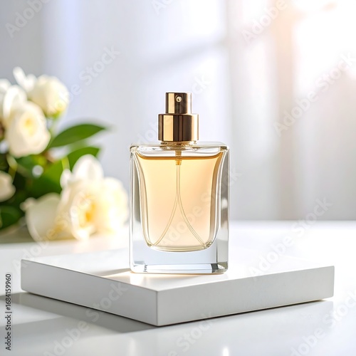 Perfume bottle on white pedestal