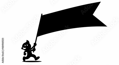 A Silhouetted Figure Joyfully Carries a Large Black Flag While Marching Forward in Celebration and Demonstration