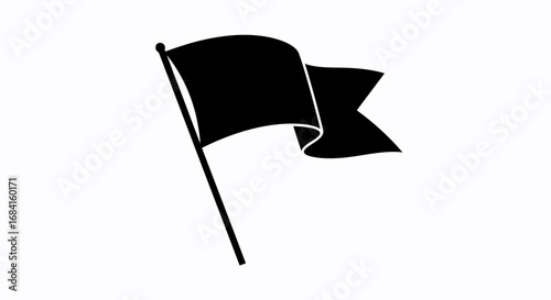 A simple black flag waves dynamically on a pole against a plain white background indicating a symbol of absence or protest