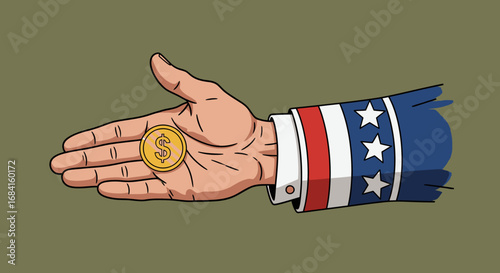 Uncle Sam's outstretched hand offers a single gold coin symbolizing economic opportunity and national financial prospects