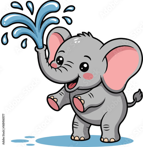 Vector art of cute cartoon elephant playing with water, a delightful illustration of a happy animal enjoying a refreshing splash, perfect for childrens designs and naturethemed projects