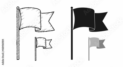Collection of Various Flags Displayed on Poles in Sketchy and Solid Black and Gray Styles Offering a Diverse Representation of Symbols and Notifications