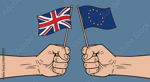 Two Hands Holding Flags Symbolizing The United Kingdom And The European Union On A Blue Background