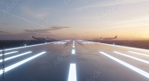 Modern airport runway with bright lights and airplanes at sunrise or sunset, ready for global travel and logistics