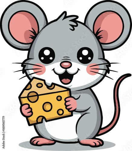 Vector art of cute mouse cartoon holding cheese adorable little mouse with big eyes and a happy expression, enjoying a delicious piece of cheese perfect for childrens books and illustrations