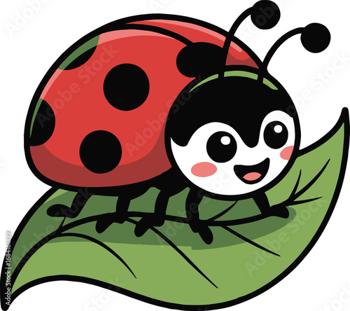Vector art of cute ladybug cartoon character sitting on leaf adorable ladybug with happy face, big eyes and rosy cheeks vector illustration of a ladybug for kids