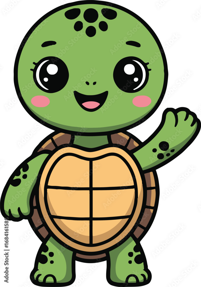Fototapeta premium Vector art of cute cartoon turtle waving hand adorable baby tortoise with big eyes and smiling face happy little reptile character for kids book, print, or sticker design