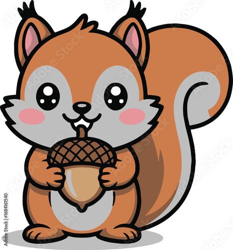 Vector art of cute cartoon squirrel holding an acorn adorable and playful animal character illustration for childrens books, posters, or any design project needing a touch of sweetness