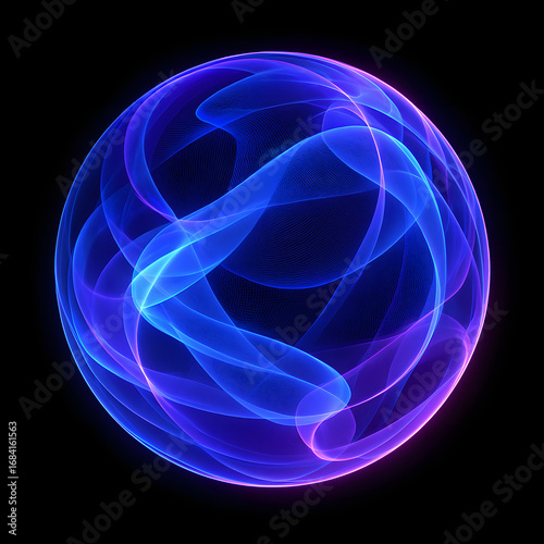 Blue and Purple Neon 3D Sphere with Gradient Waves and Glowing Particles – Abstract Technology Background