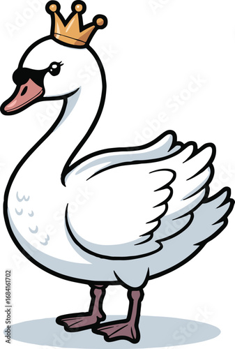 Vector art of cartoon illustration of a cute swan wearing a golden crown, the swan is standing gracefully with its neck curved, creating a regal and elegant image