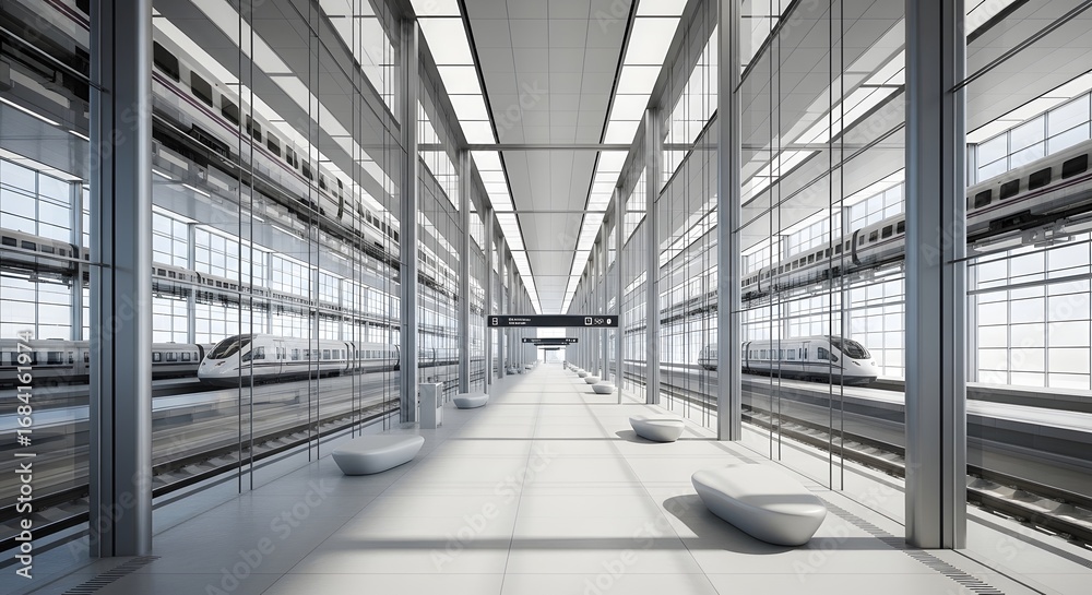 Fototapeta premium Sleek Modern High-Speed Train Station Platform. Contemporary Architectural Design with Multiple Tracks and Bright Natural Light.