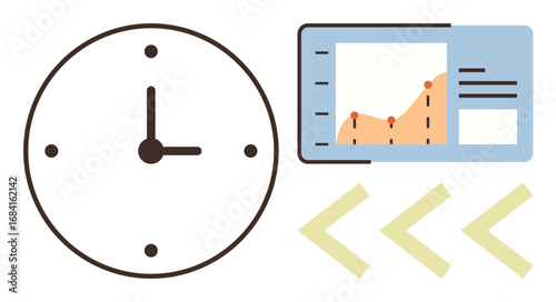 Analog clock and analytics chart with data points and backward arrows representing time tracking, analysis, and process review. Ideal for productivity, strategy, analytics, planning, workflow