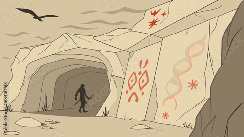 Ancient Cave Entrance with Cave Paintings and Figure Illustration.