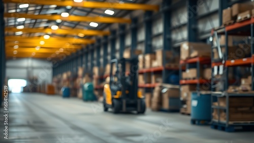 Industrial warehouse scene with a forklift in the distance  captured under atmospheric workplace lighting.