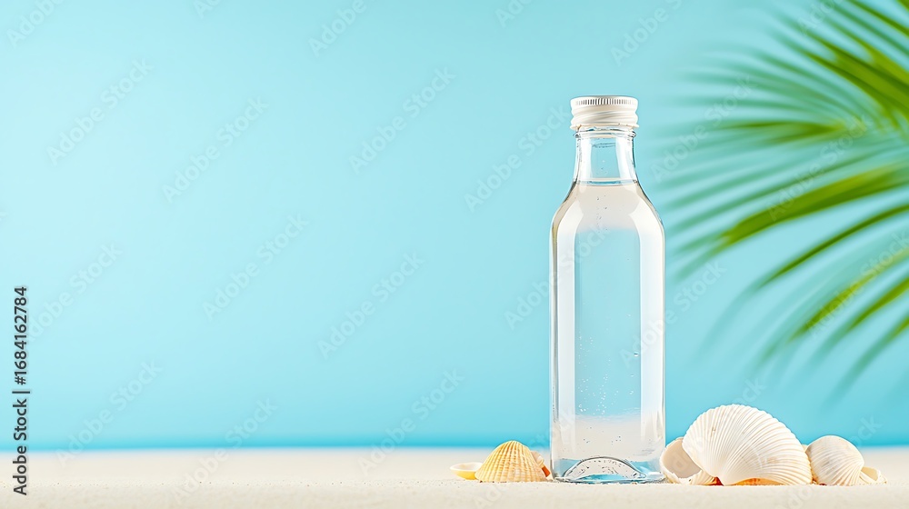 Obraz premium Refreshing clear bottle of water with seashells and palm frond