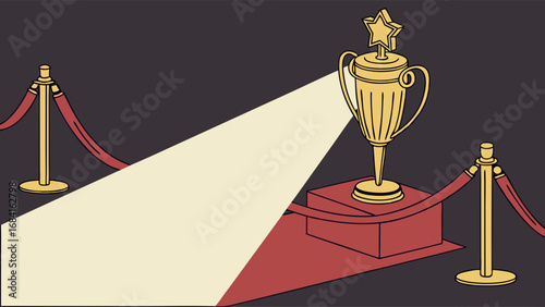 Gold trophy award on red carpet with spotlight and stanchions winner success celebration concept illustration.