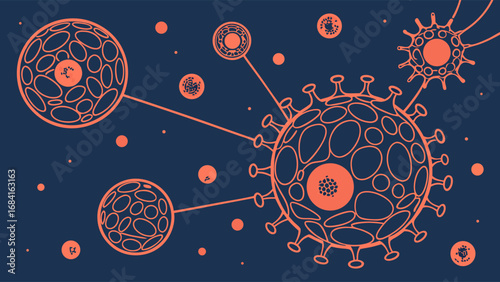 Abstract Illustration of Connected Cells or Viruses Microbiology Medical Science Health Background.